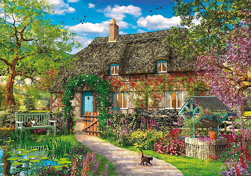 The Old Cottage, well, house, painting, flowers, garden, bench, cat, artwork, HD wallpaper