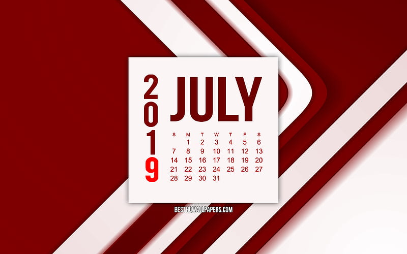 July 2019 calendar, burgundy abstract lines background, 2019 calendars, July, 2019 concepts, burgundy 2019 July calendar, HD wallpaper