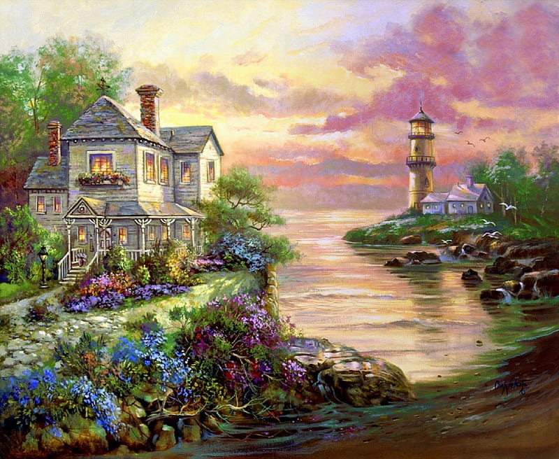 Lighthouse Point, architecture, rural, oceans, houses, colors, love four seasons, places, bonito, attractions in dreams, creative pre-made, trees, paintings, splendor, lighthouses, flowers, nature, HD wallpaper