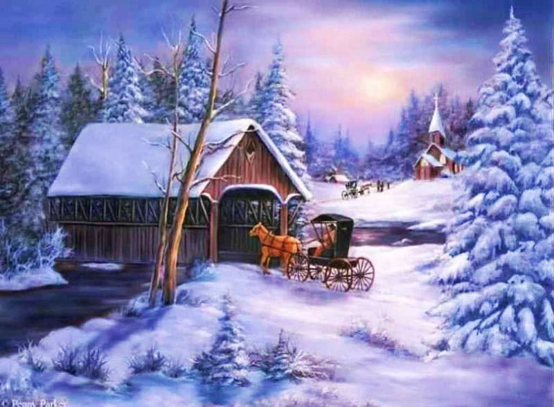 The Way to Christmas, snow, bridge, covered, church, artwork, winter, HD wallpaper