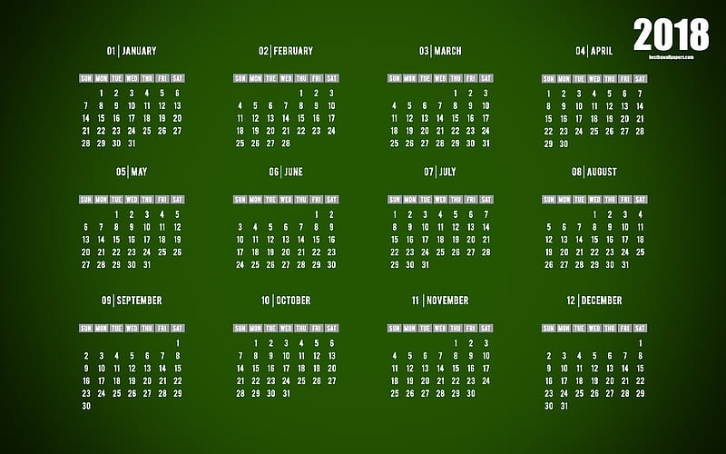 2018 calendar, light green background, 2018 all months calendar, HD wallpaper