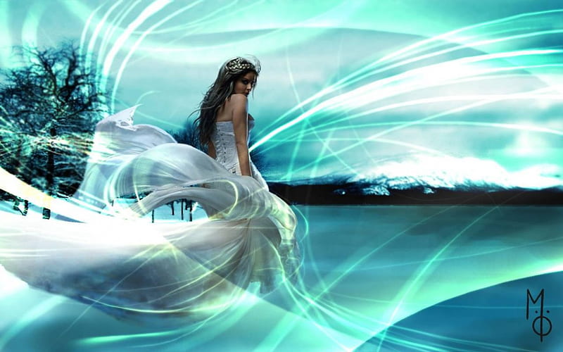 Winter Symphony, mystical, tree, white flowing dress, swirly lines, lady, HD wallpaper