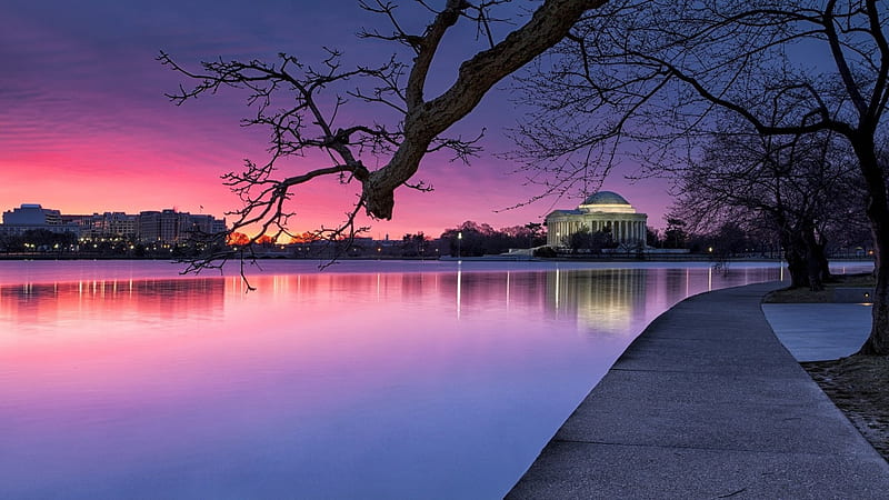 Jefferson memorial at beautiful sunset, red, memorial, sunset, trees, pool, HD wallpaper
