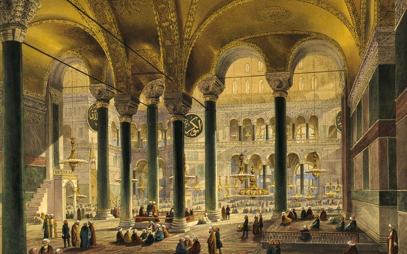 Hagia Sophia, art, people, painting, yellow, church, pictura, Turkey, HD wallpaper