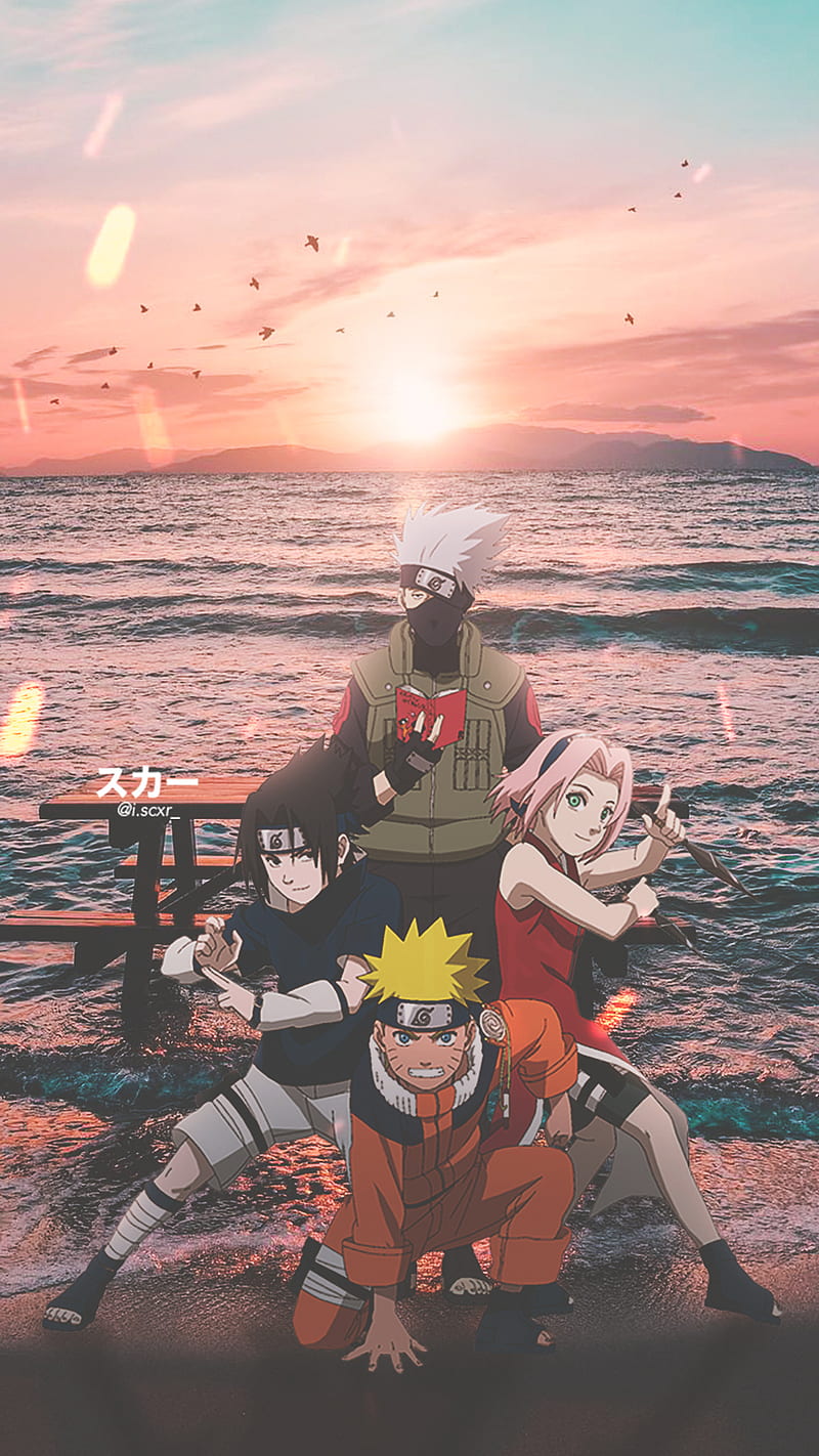 Naruto Team 7, aesthetic, anime, anime , beach, nature, ocean, sunset, team 7, waves, HD phone wallpaper