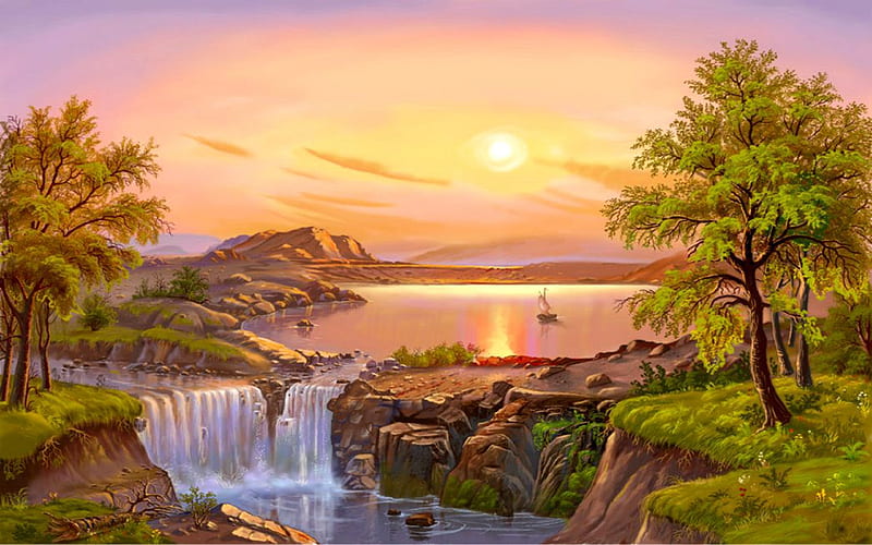 Village waterfalls, Painting, Sun, Nature, River, HD wallpaper