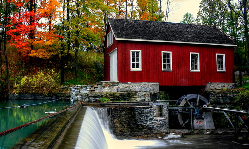 Red Bard Falls, autumn, water, mill, waterfall, trees, red barn, HD wallpaper