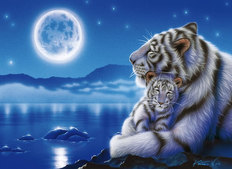 Lullaby, art, moon, luminos, tiger, fantasy, moon, cub, white, blue, night, HD wallpaper
