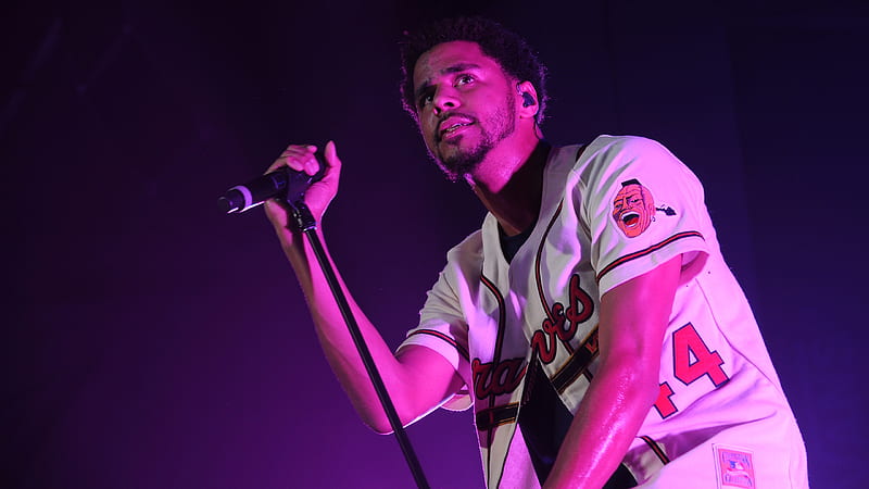 J Cole Is Looking Up Holding Mike Wearing White T-shirt In Purple Background Music, HD wallpaper
