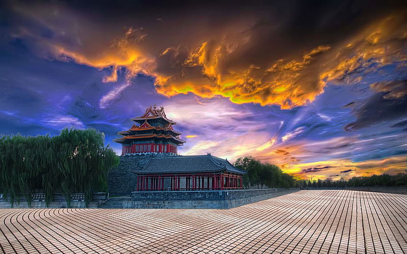 The Forbidden City, china, texture, tress, sunset, castle, sky, forbidden city, HD wallpaper