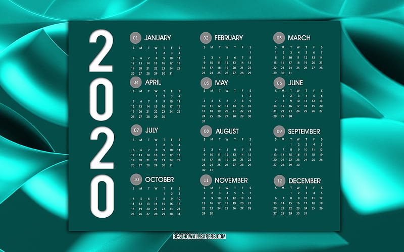 Turquoise 2020 calendar, turquoise background, Stylish calendar 2020, calendar with all months 2020, 2020 concepts, 2020 New Year, HD wallpaper