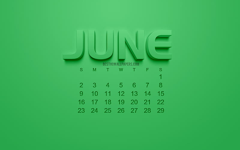 2019 June Calendar, green background, 3d art, June 3d calendar, 2019 calendars, creative art, summer, HD wallpaper