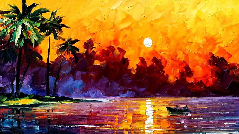 Caribbean Island, ocean, sunset, oils, palm trees, beach, painting, island, tropical, landscape, HD wallpaper
