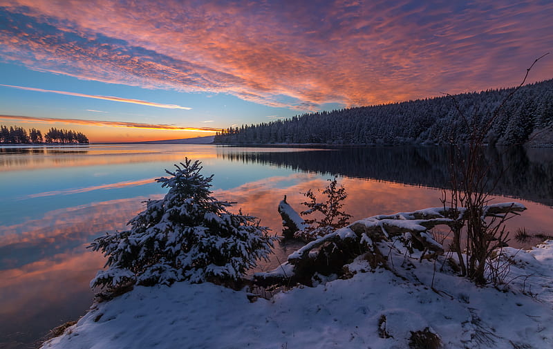 Lake Snow Evening Sunset , lake, sunset, nature, snow, evening, HD wallpaper