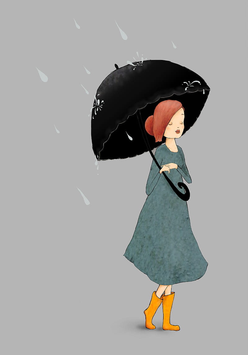 girl, umbrella, rain, art, HD phone wallpaper