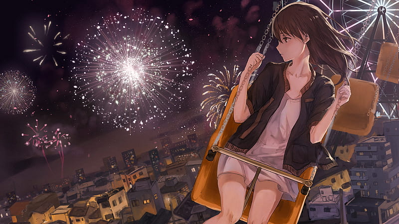 :-), girl, fireworks, anime, manga, catzz, HD wallpaper