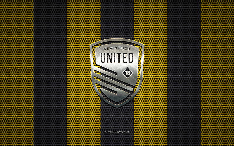 New Mexico United logo, American soccer club, metal emblem, yellow-black metal mesh background, New Mexico United, USL, Albuquerque, New Mexico, USA, soccer, HD wallpaper