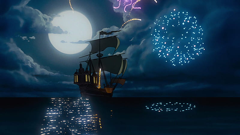 The Little Mermaid, The Little Mermaid (1989), Fireworks, Moon, Sea, Ship, HD wallpaper