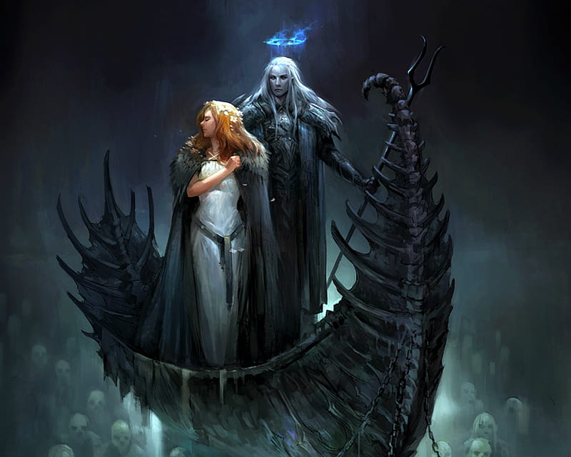 Hades and Persephone, hades, art, death, luminos, goddess, persephone, black, man, irl, sandara, boat, fantasy, girl, dark, god, couple, HD wallpaper