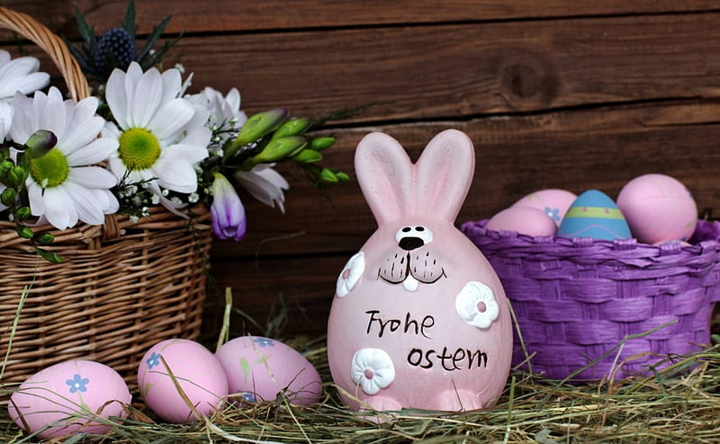 Happy Easter!, deco, easter, egg, purple, basket, flower, bunny, white, pink, figurine, wood, HD wallpaper