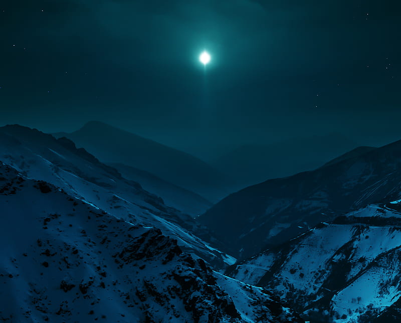 Download A Mountain Landscape With A Moon And Stars Wallpaper