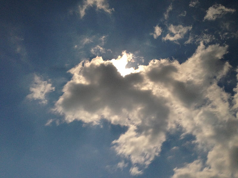 Sun peaking out behind clouds, sunny, sky, clouds, blue, HD wallpaper