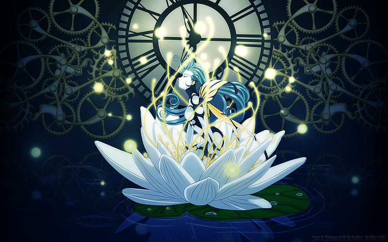 Lunar Flower of Time, glow, bloom, time, goddess, lunar flower, clock, delicate, moon, gentle, anime, flower, white, light, ah my goddess, HD wallpaper