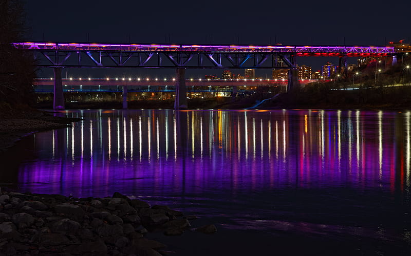 bridge, backlight, neon, water, night, HD wallpaper
