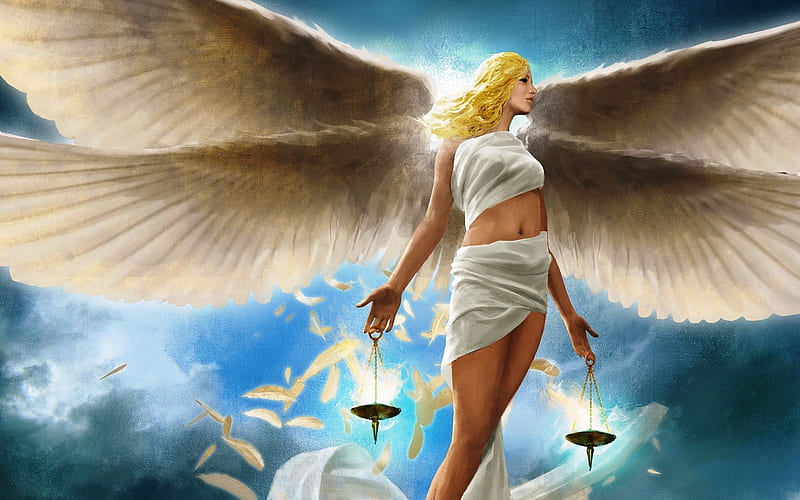 Angel of Justice, girl, art, double, wings, scale, digital, feathers, HD wallpaper