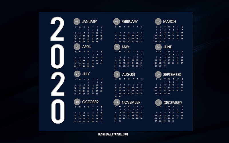 Dark Blue 2020 Calendar, all months, 2020 calendar, dark blue stylish background, 2020 concepts, Calendar for 2020 Year, HD wallpaper