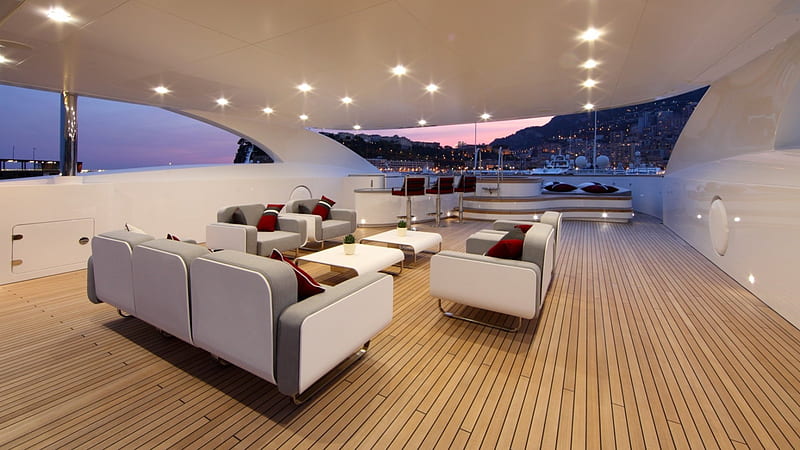 view from interior deck of a yacht, yacht, view, interior, dusk, deck, HD wallpaper