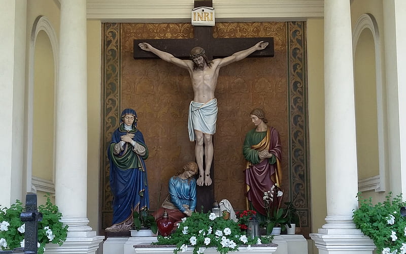Jesus at the Cross, Christ, crucifix, Poland, John, Mary Magdalene, church, Jesus, Mary, HD wallpaper