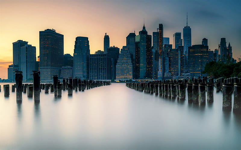 New York City, evening, sunset, bay, New York cityscape, skyline, NYC, USA, HD wallpaper
