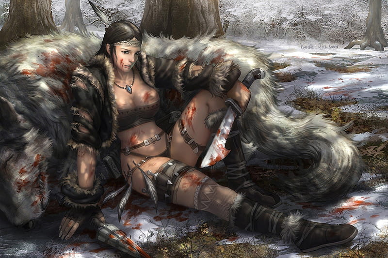Successful Hunt, female, necklace, boots, blood, weapons, snow, headband, kunai, wolf, fur, machete, torn clothing, feathers, HD wallpaper