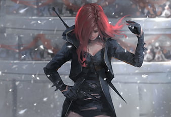 Redhead Girl, art, fantasy, weapon, woman, HD wallpaper