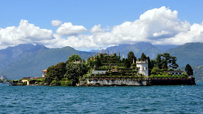 Isola Bella, Lago Maggiore, Italy, island, watersky, clouds, building, landscape, trees, water, mountains, HD wallpaper