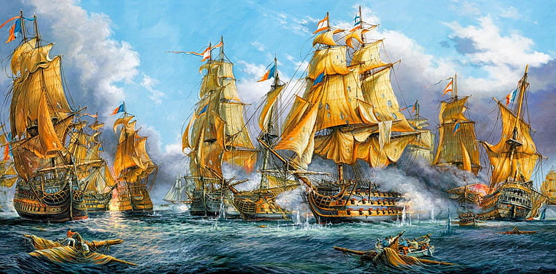 Sea battle, ships, pirates, art, lovely, ocean, sailing, bonito, sky, storm, sea, water, battle, flags, painting, rough, HD wallpaper