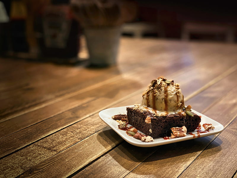 brownie, ice cream, watering, dessert, HD wallpaper