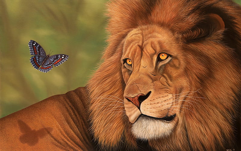 León y mariposa, arte, mariposa, marrón, leu, pintura, pictura, león,  animal, Fondo de pantalla HD | Peakpx