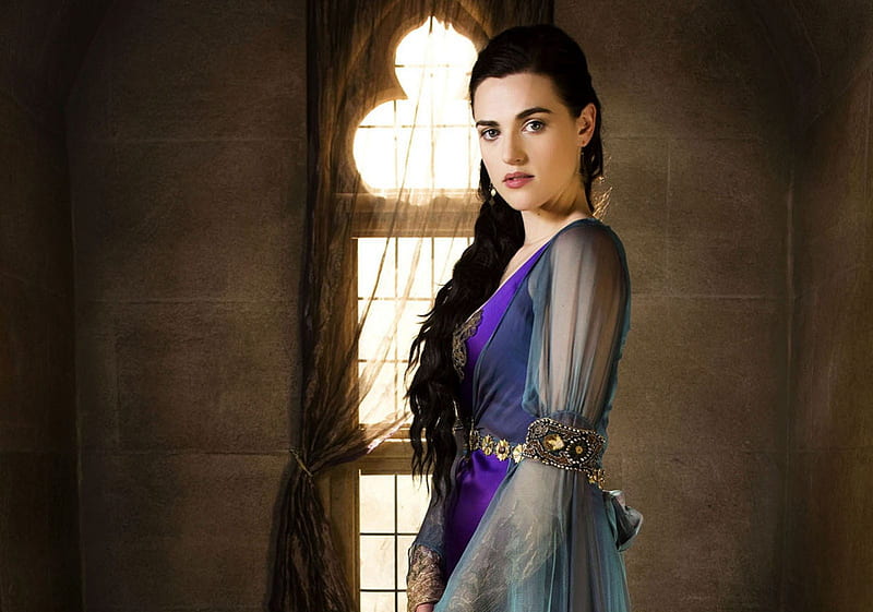 Morgana, witch, halloween, sorceress, brunette, blue dress, fantasy, tv series, beauty, katie mcgrath, castle, HD wallpaper