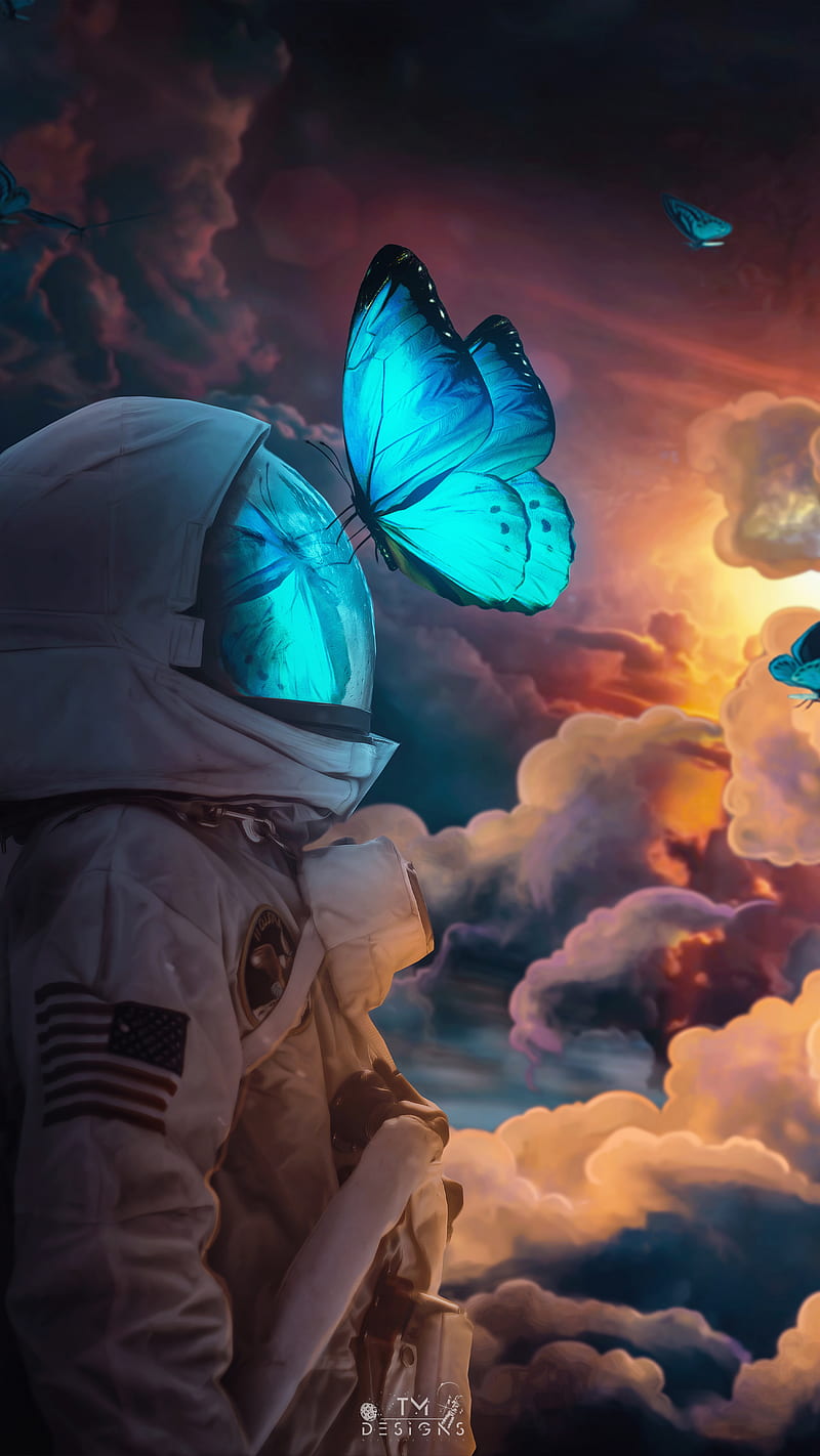 The social butterfly 2, astronaut, butterfly, fiction, marischabecker, science, scifi, space, tmdesigns, HD phone wallpaper
