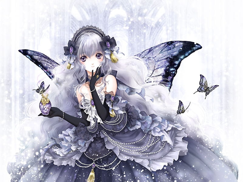 Butterfly Fairy, wings, black, lolita, bonito, butterfly, gothic, anime, white, fairy, HD wallpaper