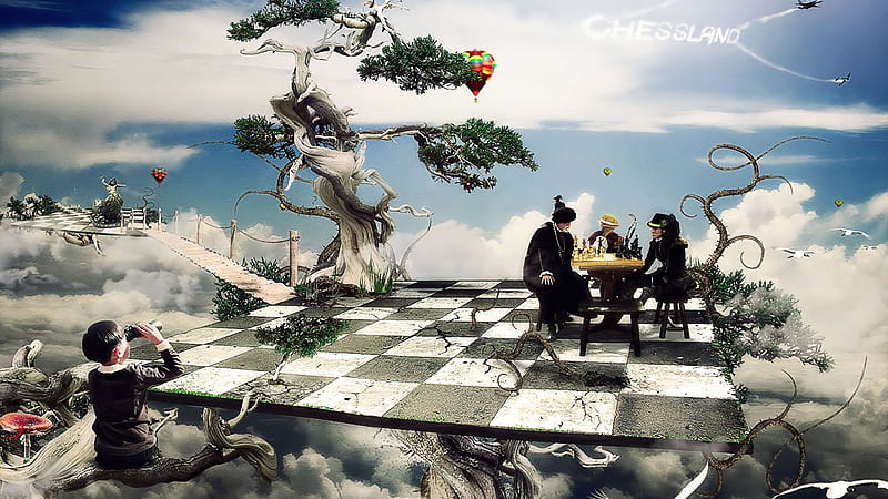 Chessland, board, tree, fantasy, boy, clouds, abstract, sky, chess, HD wallpaper