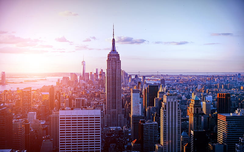 New York, Empire State Building, morning, skyscrapers, cityscape, sunrise, World Trade Center 1, USA, HD wallpaper