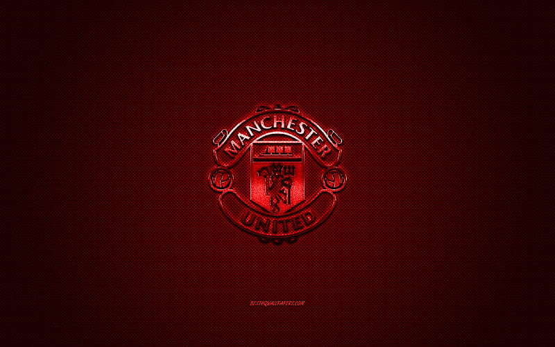 Manchester United FC, English football club, red metallic logo, red carbon fiber background, Manchester, England, Premier League, football, HD wallpaper