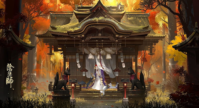 Japanese Shrine, forest, autumn, japan, miko, japanese, shrine, temple, kimono, anime, HD wallpaper