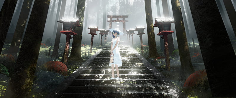 Anime, Girl, Shrine, Stairs, Torii, HD wallpaper