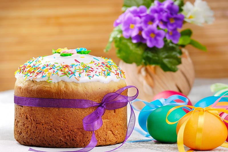 Easter Cake, cake, Easter, Easter eggs, eggs, flowers, vase, ribbons, bows, HD wallpaper