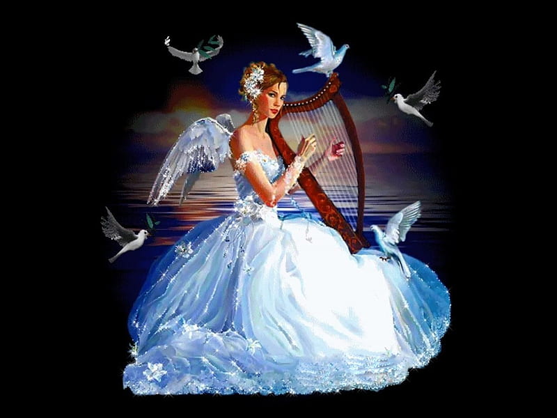 ANGEL OF SONG, female, wings, dress, angel, music, harp, birds, white, HD wallpaper