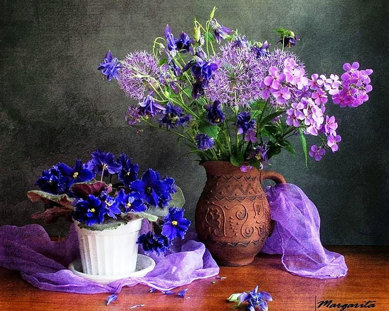 Still life, colorful, vase, leaves, Parma violet, flowers, beauty, pink, ceramics, different potted, blue, different, colors, purple, nature, petals, potted, HD wallpaper